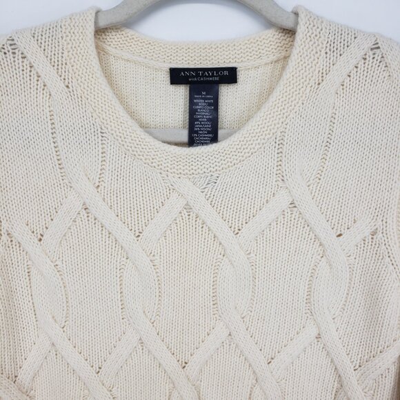 Ann Taylor Braided Cable Knit Sweater M Wool Cashmere Color Block Cream Gray - Picture 6 of 7